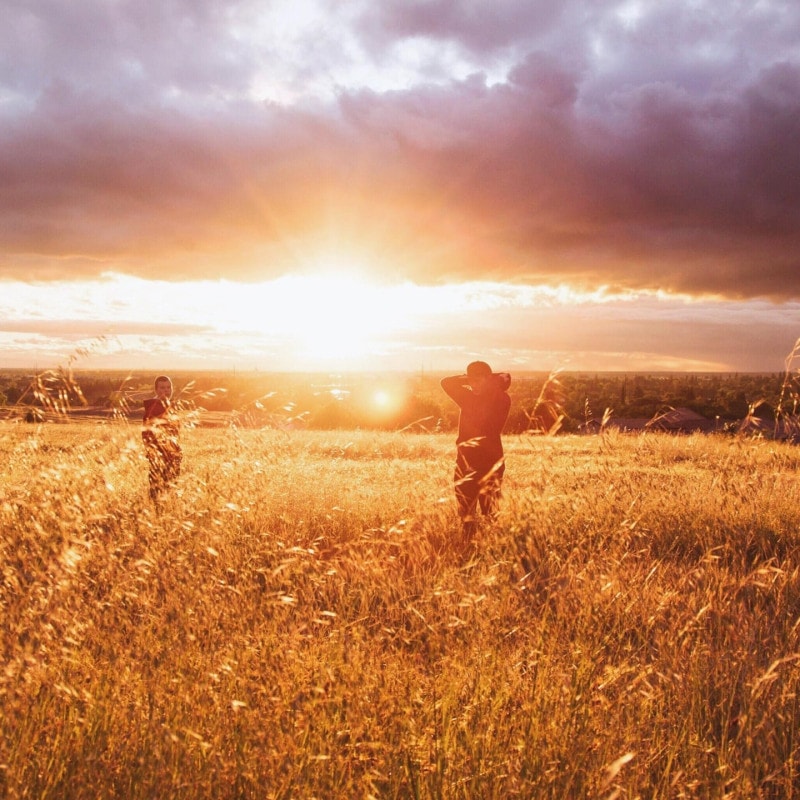 three people standing in a field of wheat with the sun setting in the background
