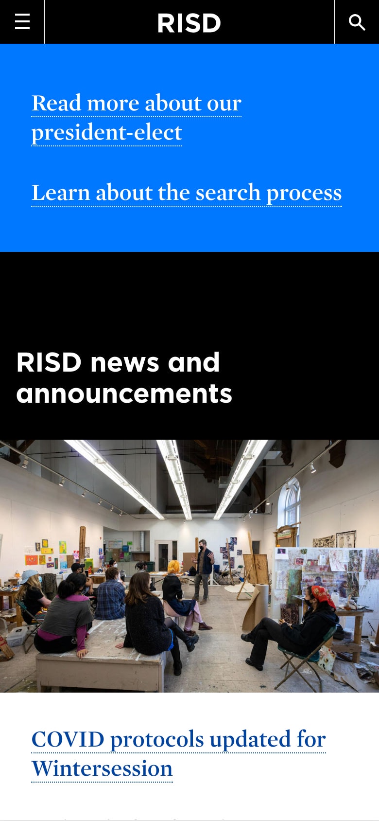 RISD homepage news feed (mobile)
