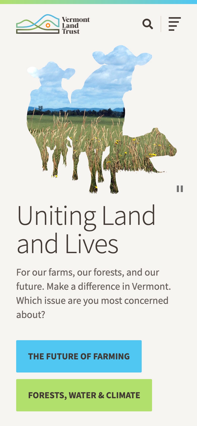 Vermont Land Trust homepage (mobile)